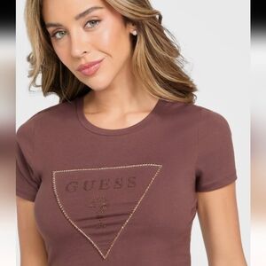 Guess Brown Carlee Triangle RHINESTONE Tee Sz XS
